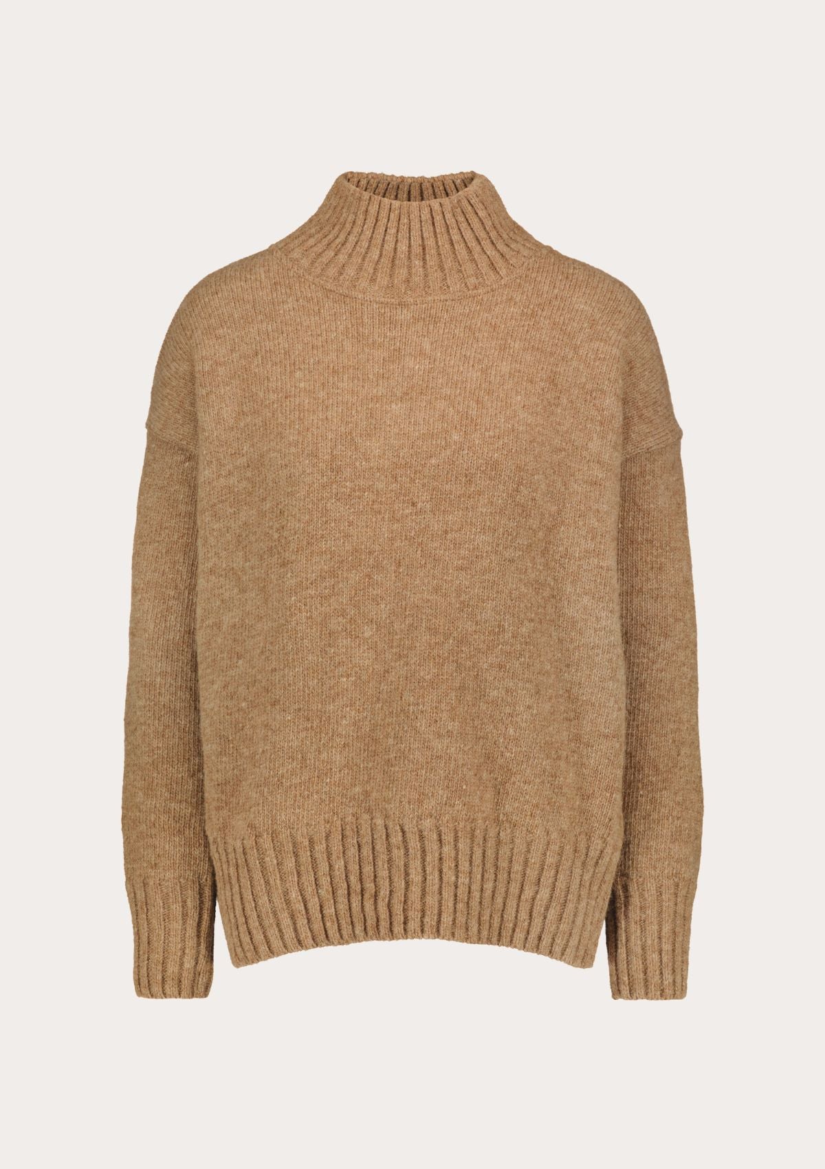 Beige responsible funnel-neck knit made out of Finnish sheep wool, manufactured in Finland.